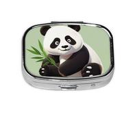 Lovely Panda Print Pill Box Square Pill Case 2 Compartment Small Metal Medicine Organizer Portable Travel Pillbox for Pocket Purse Cute Mini Pill Container to Hold Daily Vitamins