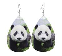 Lovely Panda Walking On The Grassland Teardrop Leather Earrings Ladies Print Pendant With Hook Fashion Vintage Party Daily Wear