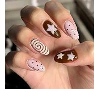 Lovely Patterned Press on Artificial Nails with Dot Star in Soft Brown Colors for Daily Use Press Nails Modern Geometric Unguis Art