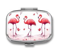 Lovely Pink Flamingos Pill Box 2 Compartment, Portable Pill Case with Mirror for Pocket Purse Travel, Mini Metal Medicine Organizer for Vitamins Fish Oil