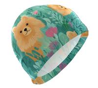 Lovely Pomeranian Florals Swim Cap for Men Lightweight Cloth Cap for Pool Bathing Swimming Hat One Size