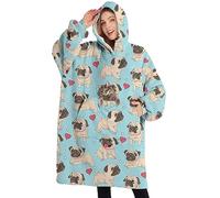 Lovely Pugs Wearable Oversized Blanket, Sherpa Blanket Hoodie with Super Pockets, Super Warm Fuzzy Pullover for Women & Men, Lovely Pugs, One Size