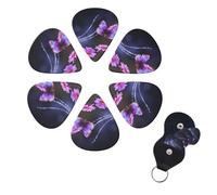 Lovely Purple Butterfly Guitar Picks 6 Pack, 0.46mm Thickness Celluloid Bass Pick with Leather Guitar Pick Holder Keychain Abstract Art Pics Plectrum for Acoustic Electric Guitar, Ukulele, Bass