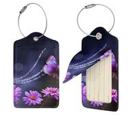 Lovely Purple Butterfly Luggage Tag 1 PCS PU Leather Suitcase Tags Identifiers Travel Tags with Privacy Protection and Stainless Steel Loop Luggage Bag Tag for Women Men