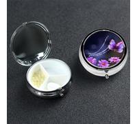 Lovely Purple Butterfly Pill Box with Mirror 3 Compartment Decorative Pill Case for Purse or Pocket Small Round Pill Organizer Weekly Metal Medicine Tablet Vitamin Holder Travel Gift