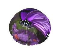 Lovely Purple Butterfly Printed Reusable Bathing Cap, Dual Layer Hair Cover For Long Thick Hair, 10.6in Headgear