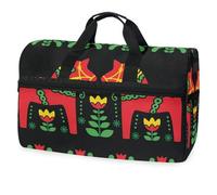 Lovely Red Horse Floral Black Travel Duffel Bag for Men Women Boys Girls Teens,Oversized Sports Gym Bag with Shoes Compartment Overnight Weekend Yoga Workout Bag Training Handbag