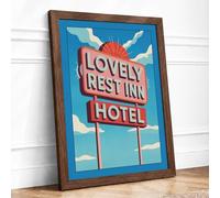 Lovely Rest Inn Sign Retro Framed Wall Art Print A3 (42×29.7cm) Walnut, Wall Decor for Living Room, Bedroom, Office & Home, Ready to Hang, Art Gift