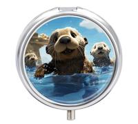 Lovely Sea Otter Print Pill Box Small Round Pill Case Portable Travel Pill Container Multi-Functional Moisture Proof Metal Medicine Pill Organizer Box for Vitamins Fish Oil