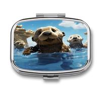 Lovely Sea Otter Print Pill Organizer with 2 Compartments Metal Square Pill Case Small Pill Box Portable Medicine Box Slim Travel Pill Container Medicine Organizer for Daily Use
