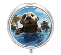 Lovely Sea Otter Print Travel Pill Box Case 3 Compartment Cute Pill Organizer Metal Pill Holder with Mirror Small Medicine Organizer Daily Pill Container for Purse Pocket Portable Meds Box