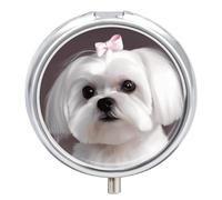 Lovely Small Maltese Dog Pill Case Round Weekly Pill Organizer with Mirror 3 Compartments Portable Daily Travel Pill Case Cute Pill Box for