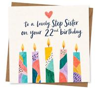 Lovely Step Sister 22nd Birthday Card with Colourful Candle Design and Heart, Card for Step Sister Birthday