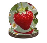 Lovely Strawberry Car Coasters, 4PCS Non-Slip Car Cup Holder Coasters with Cork Base, Heat Resistant & Waterproof Drink Coaster for Women Men