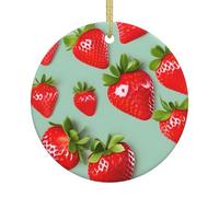 Lovely Strawberry Print Printing 2.9 Inch Round Ceramic Christmas Tree Hanging With Gold Ropes For Holiday Decoration And Gift