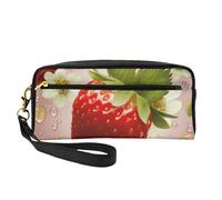 Lovely Strawberry Printed Makeup Bag for Women Travel PU Leather Cosmetic Bag with Wristlet Toiletry Bag