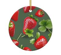 Lovely Strawberry Printing 2.9 Inch Round Ceramic Christmas Tree Hanging With Gold Ropes For Holiday Decoration And Gift