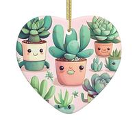 Lovely Succulent Plants Ceramic Christmas Heart Pendant with Silk Thread, Christmas Tree Home Decoration