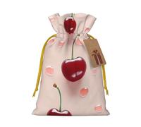 lovely sweet red cherry Printed Christmas Drawstring Bags Reusable Bag for Christmas Party Xmas Gift Wrapping, Yellow Ribbon, M