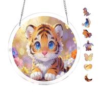 Lovely Tiger Kitten Floral Scene 7.8x7.8Inch Round Acrylic Jigsaw Puzzle Suncatcher, Crystal Window Decor Wall Art Ornament, Home Decoration Gift