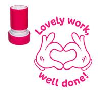 Lovely Work, Well Done Teacher Stamp with a Hand Heart Design. Pink Ink, Reinkable 22mm