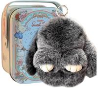 Lovelycat Bunnylulu Keychain, Handmade Soft Bunny Pompom Charms, Cute Bunny Keychain for Women, With Exquisite Box (Frost Black, 15 cm)