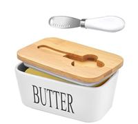 Lovelyduo Ceramic Butter Dish with Bamboo Lid Large Butter Keeper Container with Curler Knife and Double Silicone Sealing Butter Holder Rectangle White