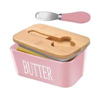 Lovelyduo Large Butter Dish with Lid for Countertop Ceramic Butter Container with Knife Holder Spreader Double Silicone Seals Butte Keeper Rectangle Pink
