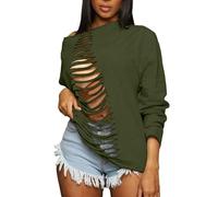 LovelyWholesale Women Off the Shoulder Sweatshirt Sexy Ripped Long Sleeve Shirts, Dark Green, S