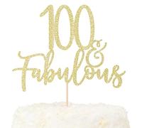 LOVENJOY 100 and Fabulous Birthday Cake Topper 100 Cake Decoration Gold Glittery for Happy 100th Birthday Party Decorating