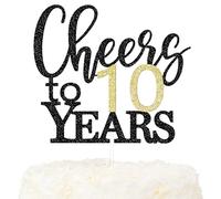 LOVENJOY Cheers to 10 Years Cake Topper for Happy 10th Birthday Anniversary Cake Decorations, Dual-Side Glitter Black and Gold