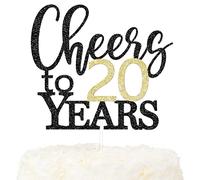 LOVENJOY Cheers to 20 Years Cake Toppers for Happy 20th Birthday Anniversary Cake Decorations, Dual-Side Glitter Black and Gold