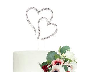 LOVENJOY Double Hearts One Love Wedding Cake Toppers Silver Diamante Heart Cake Decorations, Gift Boxed