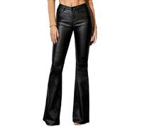 Lover Premium Women's Faux Leather Coated Flare Pants Mid Waist PU Skinny Black Leggings Bell Bottom Pants with Pockets, Black, M