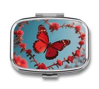 Lover's Red Butterfly Pill Box - 2 Compartment Travel Pill Organizer with Small Mirror, Portable Pillcase for Pocket & Purse, Cute Square Medicine Case, Weekly Medicine Container