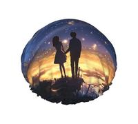 Lovers Starlight Night Print Shower Cap For Women Double Layer Waterproof Bath Cap Elastic Reusable Shower Hat Hair Protection Bath Hat For Spa Salon Bathing Ladies