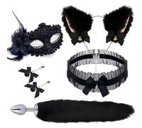 LoversToy 5-PCS Metal Butt Plug Kit, Fox Tail Anal Plug Set with Cat Ears Headband, Nipple Clamps, Mask and Necklace - Anal Toys for Women, Men, Beginners, and Couples Cosplay Sex Games