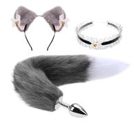 LoversToy Anal Plug with Fox Tail & Cat Ears Headband - 3-Piece Cosplay Sex Toy Set for Men, Women & Couples - SM Faux Fox Tail for Role Play and Adult Games