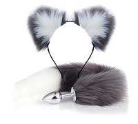 LoversToy Fox Tail Anal Plug & Ear-Anal Kit, Faux Fox Tail and Stopper Butt Plug BDSM Sex Toy for SM Adult Sex Games or Cosplay for Beginner Women Men Couple (Grey & White)