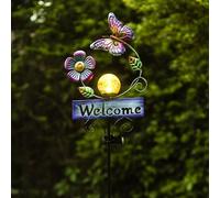 LOVERUIS Solar Lights Outdoor Garden Butterfly Welcome Sign with Cracker Ball Waterproof Butterflies Garden Ornament Gift for Mom Wife