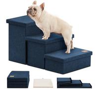 Love's cabin Dog Stairs with Storage,3 Steps Wider Dog Steps for High Bed 18" H,Foldable Pet Stairs for Small Medium Large Dogs Cats for Bed Couch Car, Ramp with Zip up to 200 lbs,Navy Blue, No Condo