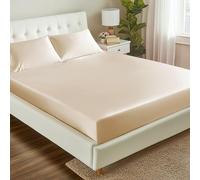 Love's cabin Satin Fitted Sheet Full Size - Beige Silky Bed Fitted Sheet Only with Deep Pocket, Luxury Soft Non-Fading Silk Feel Single Bottom Satin Bed Sheet