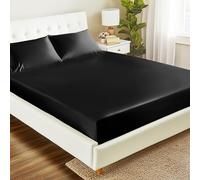 Love's cabin Satin Fitted Sheet Queen Size - Black Silky Bed Fitted Sheet Only with Deep Pocket, Luxury Soft Non-Fading Silk Feel Single Bottom Satin Bed Sheet