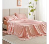Love's cabin Satin Queen Sheets Set - 4 Piece Coral Silky Bed Sheets with Deep Pocket, Luxury Silk Feel Satin Queen Size Sheet Set (1 Flat Sheet,1 Fitted Sheet,2 Pillow Cases)