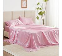 Love's cabin Satin Queen Sheets Set - 4 Piece Pink Silky Bed Sheets Set with Deep Pocket, Luxury Silk Feel Satin Queen Size Sheet Set (1 Flat Sheet,1 Fitted Sheet,2 Pillow Cases)
