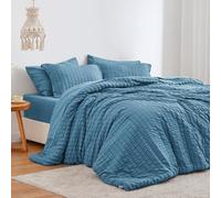 Love's cabin Seersucker Misty Blue Full Comforter Set, 7-Piece All Season Lightweight Bed in a Bag Bedding Set with Comforter, Flat Sheet, Fitted Sheet, Pillowcases and Shams