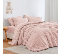 Love's cabin Seersucker Pink King Size Comforter Set, 7-Piece All Season Lightweight Bed in a Bag Bedding Set with Comforter, Flat Sheet, Fitted Sheet, Pillowcases and Shams