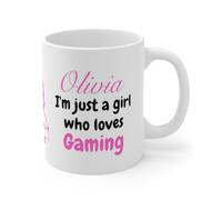 Loves to Game Personalised Mug. Girl Coffee Mug, White Ceramic, Pink and Black Text Design, 'I'm Just a Girl Who Loves Gaming' Quote