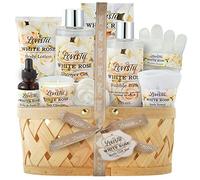Lovestee White Rose Spa Gift Basket for Women & Men, Luxury Spa Essentials, Body Lotion, Shower Gel, Bubble Bath, Bath Salt, Towel, Soap, Oil, Candle, Gloves