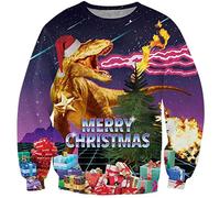 Loveternal Dinosaur Christmas Jumper Ugly Xmas Jumpers Men 3D Printed Pullover Cute Elf Novelty Long Sleeve Crewneck Sweatshirt L